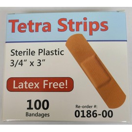 One Case of Tetra Strips Adhesive Bandages, Plastic, 3/4" x 3" Latex-Free Sterile, 100 Bandages per Box, 36 Boxes per Case