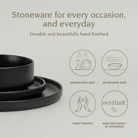 over&back 12-Piece Stackable Dinnerware Dish Set - Stoneware Dishes - Includes 4 Dinner Plates, 4 Salad Plates, 4 Cereal Bowls, and 4 Dinner Bowls - All-Occasion Place Settings - Semi-Matte Black