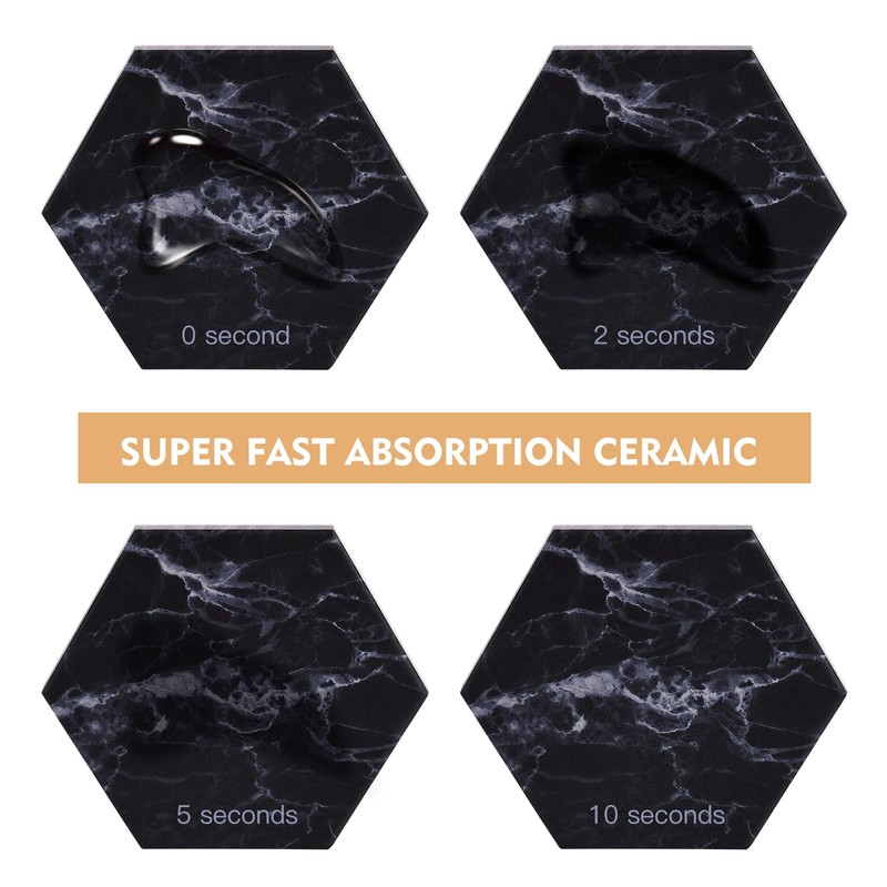 Black Coasters,Coaster for Drinks, Absorbent Marble Coasters with Metal holder