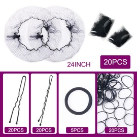 Hair Nets Set for Women - 20 Hair Nets(24inch), 20 U-Shaped Hair Pins, 20 Bobby Pins, 20 Elastic Band, 5 Hair Ties, Hair Nets for Food Service, Bun Making, Ballet, and Versatile Hair styling, Black
