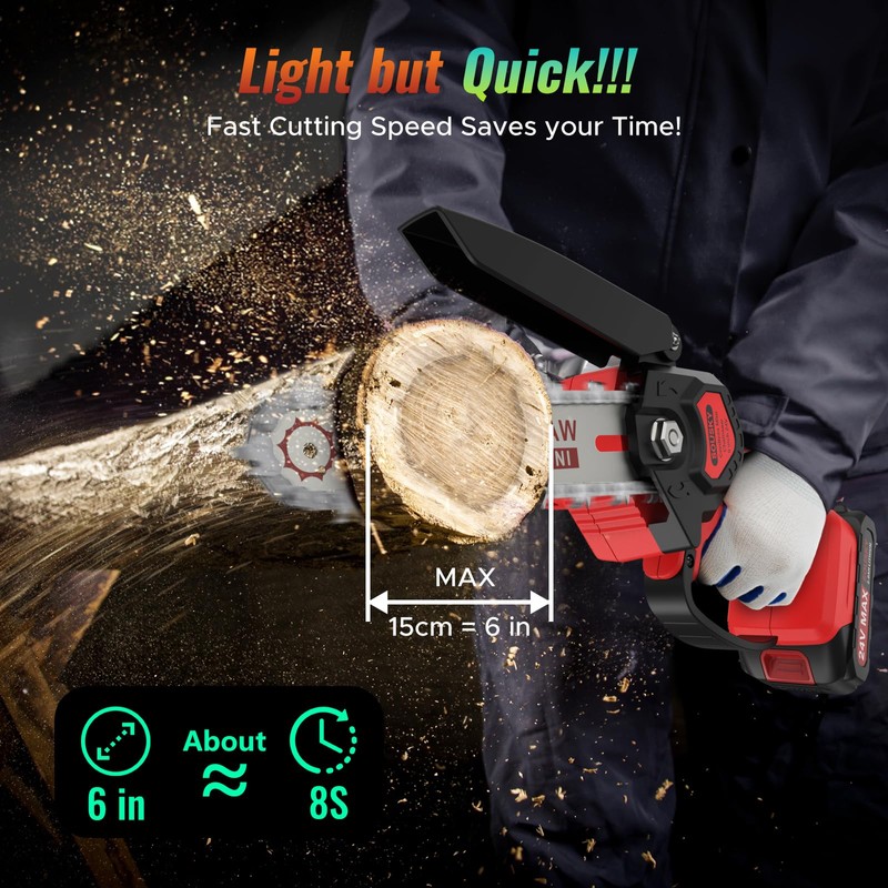 6 Inch Mini Chainsaw Cordless, 24V 2000mAh Rechargeable Battery, Auto-Oil,