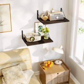 Love-KANKEI Deep Floating Shelves for Wall, 16" W x 12" D Wide Wall Shelves Set of 2, Rustic Large Wood Hanging Shelves for Storage, Bathroom Bedroom Living Room Kitchen Dark Brown