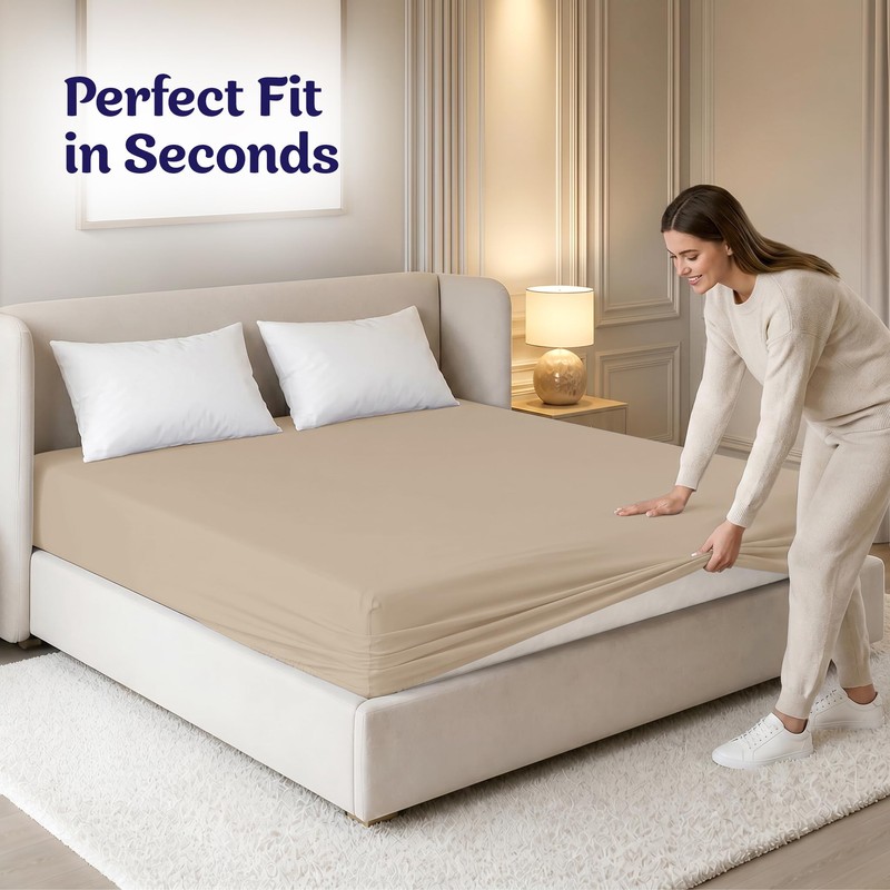 Oxford Homeware Beige King Size Fitted Sheets -100% Brushed Microfibre