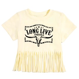 Wrenpies Girls Western Fringe Shirt Long Live Cowgirls Country Rodeo Shirts Kids Cow Skull Graphic Tees Tassel Fringe Tops (Apricot,5-6 Years)