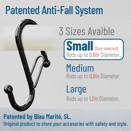 Blau Marité 10 x S-Shaped Hooks with Anti-Drop System. Length: 6,5 cm. for rods up to 1,5 cm Diameter. Helps in The Organization and Storage of Home. (Black, S (Bars<1,5 cm))