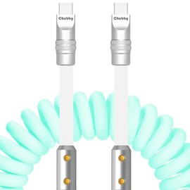 ChubbyCable Colorblock Chubby - Spring Braided Coiled USB C Charge Cable, Type C, 2.29FT-3.6FT, Light Blue+White, Car Charger Cord