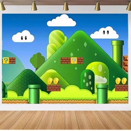 Cartoon Green Blue Backdrop Video Game Theme Birthday Sign Photography Background Banner Adventure Brother Party Supplies for Anime Game Party Kids Baby Shower Studio Props Backdrops 5x3 FT Fabric