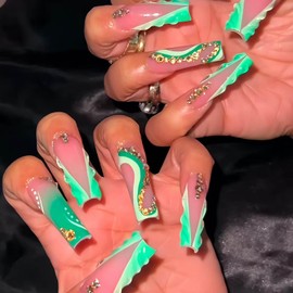 24Pcs Press on Nails Long Square Fake Nails Green French Tip Acrylic Nail with 3D Swirl Designs False Nails Gold Rhinestones Glue on Nails for Women Manicure