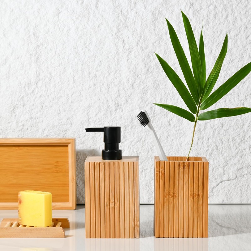 Natural Bamboo Toothbrush Holder for Bathroom, Fluted Square Bamboo Toothbrush