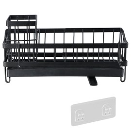 Sink Organiser, Sink Organiser, Kitchen Sponge Holder, Sink Organiser with Drain Pan, Towel Holder and Rotating Spout, for Toiletries and Kitchen Utensils, No Drilling (Black)