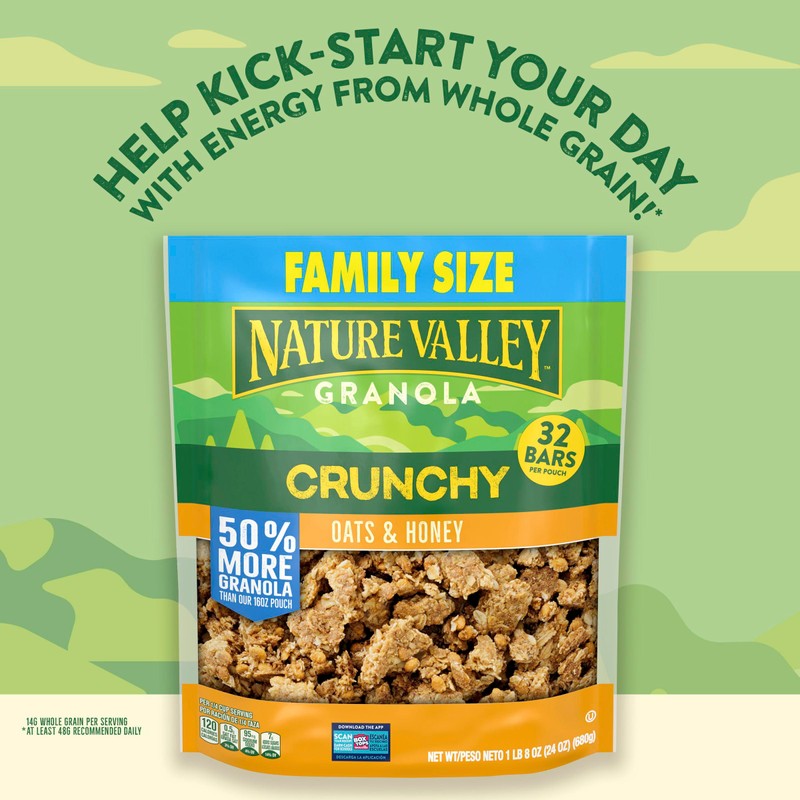 Nature Valley Crunchy Granola, Oats and Honey, Resealable Snack Pouch,
