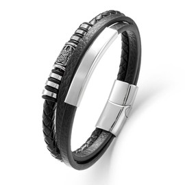 SeiMios Mens Leather Bracelet 8.5" Viking Multi-Layer Braided Wristband Bangle Stainless Steel Gifts for Him