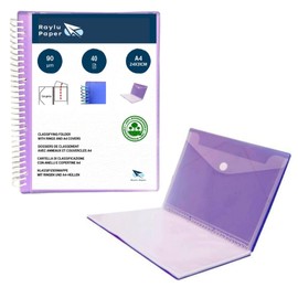 Raylu Paper® – Ring Folder with A4 90 Micron Clear Sleeves and Envelope with Velcro Closure, Customizable Cover, 100% Biodegradable Sleeve Binder (40 Pockets, Purple)