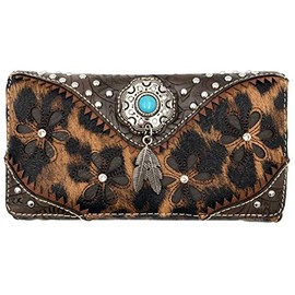Leopard Animal Print Concealed Carry Feather Concho Country Vintage Western Trifold Crossbody Wallet (Leopard Brown)