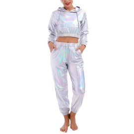 Odizli Women's Jogging Suit Set Long Sleeve Hooded Glitter Metallic Crop Top + Jogging Bottoms 2-Piece Tracksuit, Laser silver