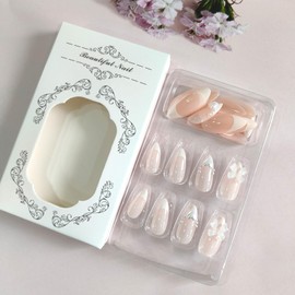 White French Tip Press on Nails Almond Medium Fake Nails with 3D Bow Pearl Designs Acrylic Nails Glossy Nude False Nails Full Cover Glue on Nails Valentines Nails Kit for Women Girls 24 Pcs