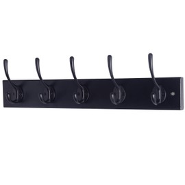 Dseap Wall Mounted Coat Rack: 16" Hole to Hole, Coat Hook Hanger with 5 Metal Hooks for Hanging Coats Towels Hats Clothes, Black