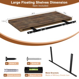 Landmok 36" W x 12" D Large Floating Shelves for Wall Deep Floating Shelves for Wall 1 Pack Floating Shelf Large Storage Space Wall Mount Shelf for Living Room Kitchen Bathroom Rustic Brown