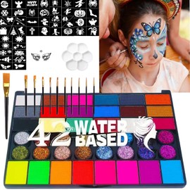 GUIBELL Kit Pintura Facial y Corporal 42 Colores Glitter con Accesorios Incluye plantillas, pinceles y accesorios, ideal para fiestas, Halloween, Navidad y eventos deportivos