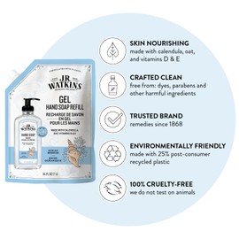 J.R. Watkins Gel Hand Soap Refill Pouch, Scented Liquid Hand Wash for Bathroom or Kitchen, USA Made and Cruelty Free, 34 fl oz, Ocean Breeze, 6 Pack