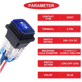 MKBKLLJY 2Pcs Momentary Polarity Reverse Switch Waterproof Control Rocker Toggle Switch DC 12V 20A Blue LED Light Illuminated 6Pin 3Position (ON)-Off-(ON) with Jumper Terminal Wires for Car Boat