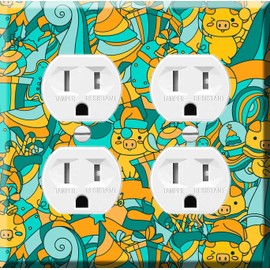 Double Duplex Outlet Cover Wall Plate - Cartoon pattern with cute kawaii pigs with gifts