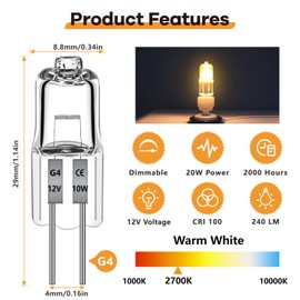 Blakapoo G4 Bulb,12V 20W Halogen Light Bulbs 2 Pin G4 Light Bulbs Replacement for Under Cabinet Puck Light,Chandeliers, Accent Lights, Track Lighting, Microwave Light 2700K Warm White(12 Pack)