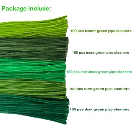 Cldamecy 500 Pcs Green Series Pipe Cleaner Craft Set in 5 Assorted Colors,Fluffy Pipe Cleaners Chenille Stems for Christmas DIY Decorations,Art Projects