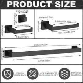 Threehoney 15 Pieces Bathroom Hardware Accessories Set, 23.6 Inch Stainless Steel Bath Towel Bar, Bathroom Hardware Set, Towel Racks Holder for Wall Mounted (Black)