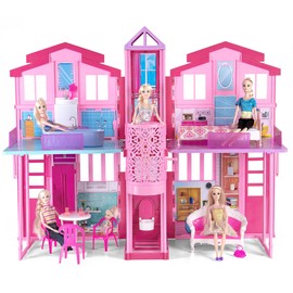 Large Foldable Doll House, 36'' Play House Dollhouse for 12" Dolls, Portable Princess House with Elevator, Bed, Basin & Pets etc, Doll Accessories, Gift for Birthday Christmas for Girls