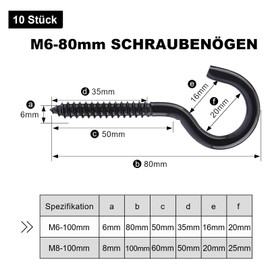 Screw Hooks, M6 x 80 mm, Black, Pack of 10 Ceiling Hooks, Stainless Steel, Heavy Hook Screw, Large, Hooks for Screwing Suitable for Hammocks, Awnings, Hanging Chairs, Rocking Chairs, Fixed Cable,