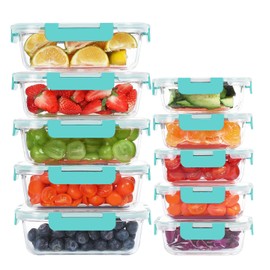 KOMUEE 10 Pack Glass Food Storage Containers, Meal Prep Containers with Lids, Airtight Glass Lunch Boxes, Freezer, Oven, and Microwave Safe, Green