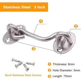 Mgoodoo Upgraded Stainless Steel Cabin Hook with Screws,75mm Eye Latch Gate Hook,Wooden Gates Lock Hook Lock for Window Garage Garden Door-1PC 3 Inch