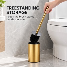Gold Stainless Steel Toilet Brush and Holder Set with Long Handle and Round Freestanding Base