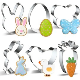 Easter Cookie Cutters Large Set of 6 - Egg, Chick, Carrot, Rabbit, Bunny Face, Butterfly Shapes - Stainless Steel Biscuit Molds for Spring Holiday Baking