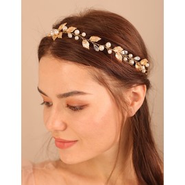 Deniferymakeup Leaf Bride Wedding Hair Vine Pearl Headpiece Bridal Headband Wedding Hair Accessory for Women and Girls (Gold)