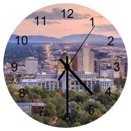 EQEY Salt Lake City Wall Clock Silent Non Ticking Round Home Decor Wooden Wall Clock Round Easy to Read for Home Office School Clock, 12 Inch