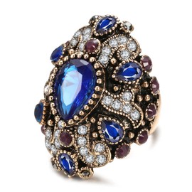 THJEW Womens Big Exaggerated Multi-Stone Crystal Stone Sapphire Turkey Ring,14K Gold Retro Vintage Antique Large Cocktail Anniversary Wedding Engagement Party Punk Heart Shape Sapphire Gemstone Thumb Index Full Finger Turkish Chunky Signet Ring Jewelry (