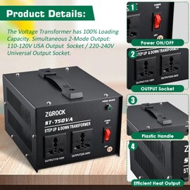 ZGROCK 750 Watt Voltage Transformer Power-Converter Step up Down Transformer 110V to 220V/220V to 110V Circuit Breaker Protection