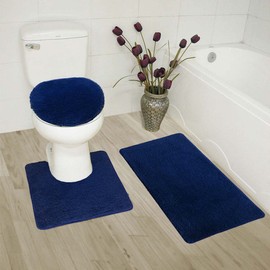Luxury Home Collection 3 Piece Bath Rug Solid Set Non-Slip Bathroom Rug Contour, Mat and Toilet Lid Cover Navy