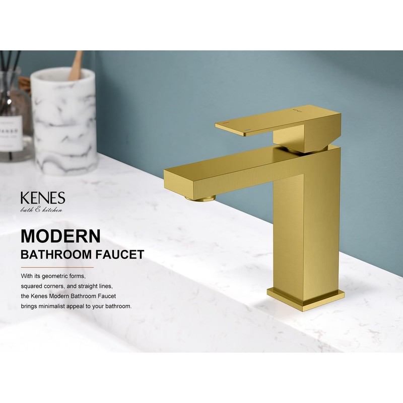KENES Brushed Gold Bathroom Faucets, Modern Single Hole Lavatory Vanity