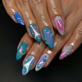 24Pcs Gradient Almond Press on Nails Acrylic Medium Fake Nails with Glue 3D False Nails with Water Ripple, Droplet Design Artificial Nails Press ons Handmade Nails Full Cover Glue on Nails for Women