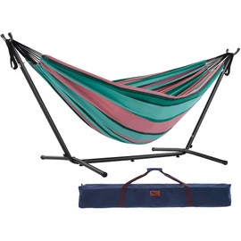 Vivere Double Cotton Hammock with Space Saving Steel Stand, Upgraded Polyester End Strings 450 lb Capacity - Premium Carry Bag Included - USA Grown Cotton (Watermelon)