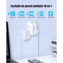 OIOSEN Enchufe múltiples de Pared, Extensor de Enchufe de 6 Puertos con 4 Puertos USB de Carga (2 USB C), Adaptador de Enchufe de Pared con regleta en 4 Lados para Hogar y Oficina (Blanco)