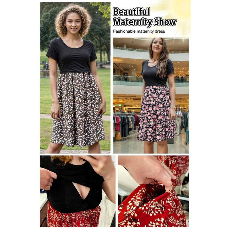 PARNIXS Women's Nursing Dress Summer Short Sleeve Patchwork Pregnancy Clothes