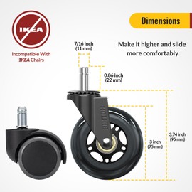 HOLKIE Office Chair Wheels Roller Blade Caster Replacement 11x22mm Black 3 Inch Desk for Office, Rubber Rolling Set of 5 for Hardwood Floors Gaming Chair Wheels Smooth & Silence Gliding