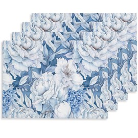 12"x18" White Blue Watercolor Peony Floral Placemats Set of 4 Washable Thick Place Mats Kitchen Table Mats Decorative Linen Fabric Table Mat for Dining Table Kitchen Home Decor