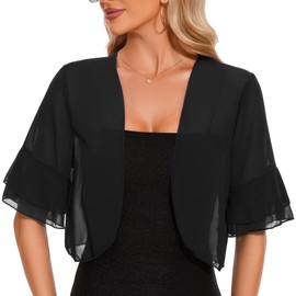 Atxnn Women's Bolero Shrug Summer Chiffon Cropped Cardigan Tops UK Ruffled Half Sleeve Jacket Ladies Open Front Sheer Shrugs Shawl, Black L