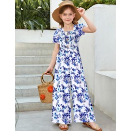 BAVADER Girls Romper One Piece Short Sleeve Girls Jumpsuit Floral Print Rompers for Girls Smocked Jumpsuit for Girls Clothes Size 8 9 Year Old Girl Clothes with Pocket Blue