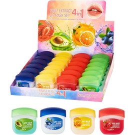 Set de bálsamos labiales hidratantes en cuatro aromas: exfolian, alivian la sequedad, reducen las arrugas y nutren los labios. Apto para hombres y mujeres. 24 unidades por caja.